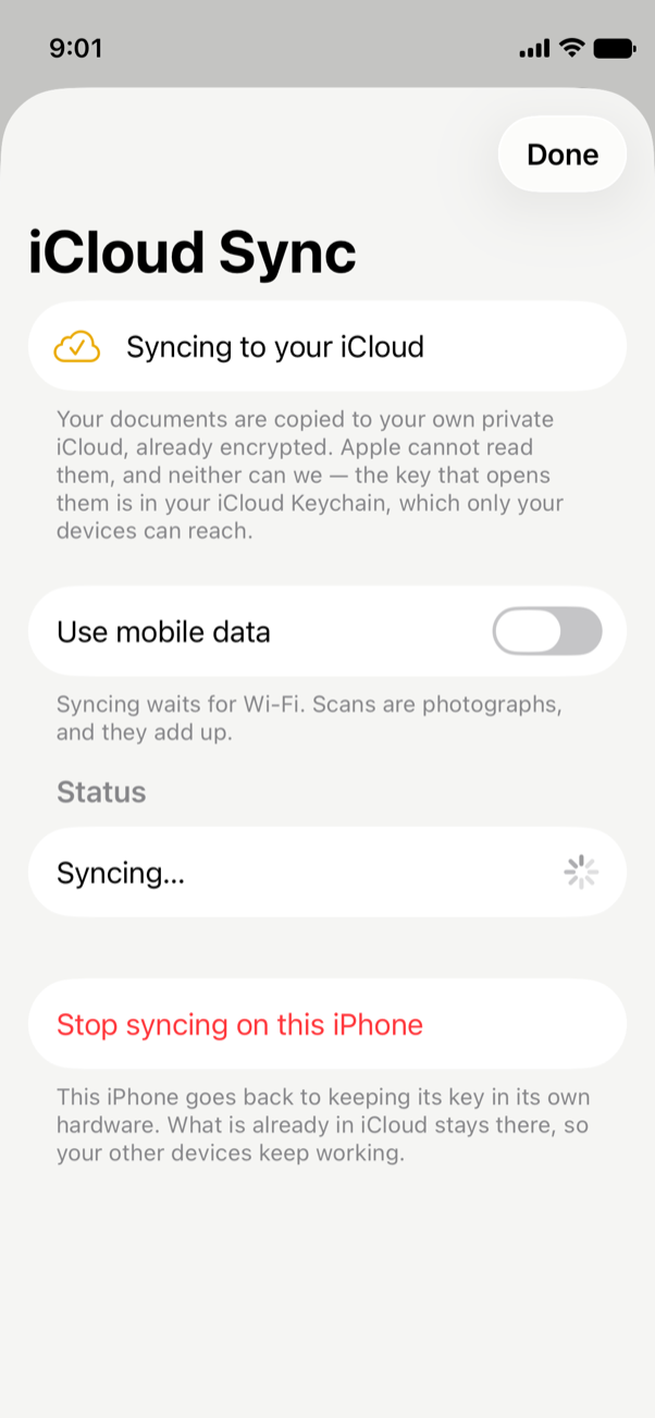 The iCloud Sync screen: syncing to your iCloud, already encrypted, with a switch for mobile data and a button to stop syncing on this iPhone