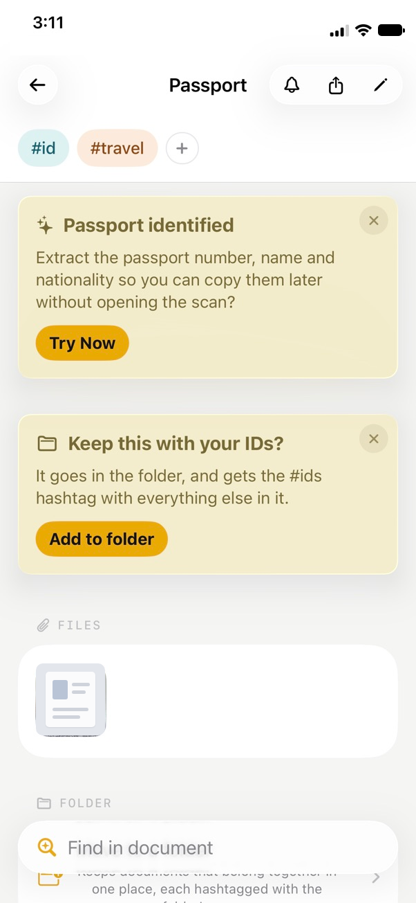 A passport’s screen: “Passport identified”, an offer to read its details, and “Keep this with your IDs?” with a button to add it to the folder